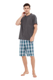 Load image into Gallery viewer, Gray Tee Top with Blue Checked Men&#39;s Summer Cotton Pajamas