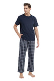 Load image into Gallery viewer, Navy Tee Top with Black Checked Pants Men&#39;s Summer Cotton Pajamas