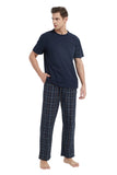 Load image into Gallery viewer, Navy Tee Top with Navy Checked Pants Men&#39;s Summer Cotton Pajamas