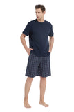 Load image into Gallery viewer, Navy Tee Top with Navy Checked Shorts Men&#39;s Summer Cotton Pajamas