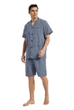 Load image into Gallery viewer, Blue Checked With White Stripe Men&#39;s Summer Cotton Pajamas