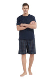 Load image into Gallery viewer, Navy Tee Top with Navy Checked Shorts Men&#39;s Summer Cotton Pajamas