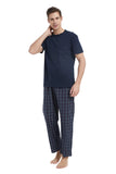 Load image into Gallery viewer, Navy Tee Top with Navy Checked Pants Men&#39;s Summer Cotton Pajamas