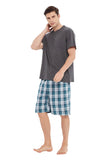 Load image into Gallery viewer, Gray Tee Top with Blue Checked Men&#39;s Summer Cotton Pajamas