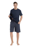 Load image into Gallery viewer, Navy Tee Top with Navy Checked Shorts Men&#39;s Summer Cotton Pajamas