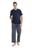 Load image into Gallery viewer, Navy Tee Top with Black Checked Pants Men&#39;s Summer Cotton Pajamas