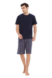 Load image into Gallery viewer, Navy Tee Top with Navy Checked Shorts Men&#39;s Summer Cotton Pajamas