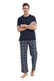 Load image into Gallery viewer, Navy Tee Top with Black Checked Pants Men&#39;s Summer Cotton Pajamas