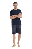 Load image into Gallery viewer, Navy Tee Top with Navy Checked Shorts Men&#39;s Summer Cotton Pajamas