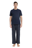 Load image into Gallery viewer, Navy Tee Top with Navy Checked Pants Men&#39;s Summer Cotton Pajamas