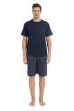 Load image into Gallery viewer, Navy Tee Top with Navy Checked Shorts Men&#39;s Summer Cotton Pajamas