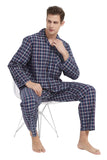 Load image into Gallery viewer, Navy Plaid With White and Blue Striped Men&#39;s Cotton Pajamas